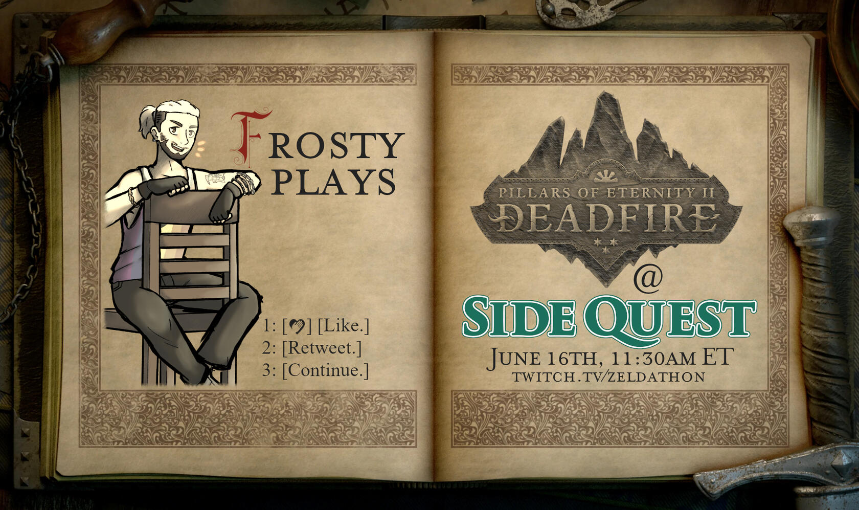 (Graphic-PoE2SQ) Promotional graphic for a livestreamed charity marathon segment, styled in the Pillars of Eternity game UI